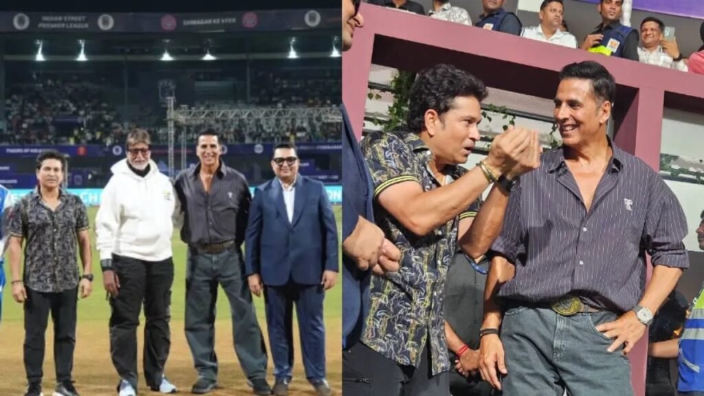 अक्षय कुमार ने अमिताभ बच्चन के पैरों को छूता है, आईएसपीएल सीजन 2 फिनाले में सचिन तेंदुलकर से क्रिकेट टिप्स लेता है अक्षय कुमार ने अमिताभ बच्चन के पैरों को छूता है, आईएसपीएल सीजन 2 फिनाले में सचिन तेंदुलकर से क्रिकेट टिप्स लेता है